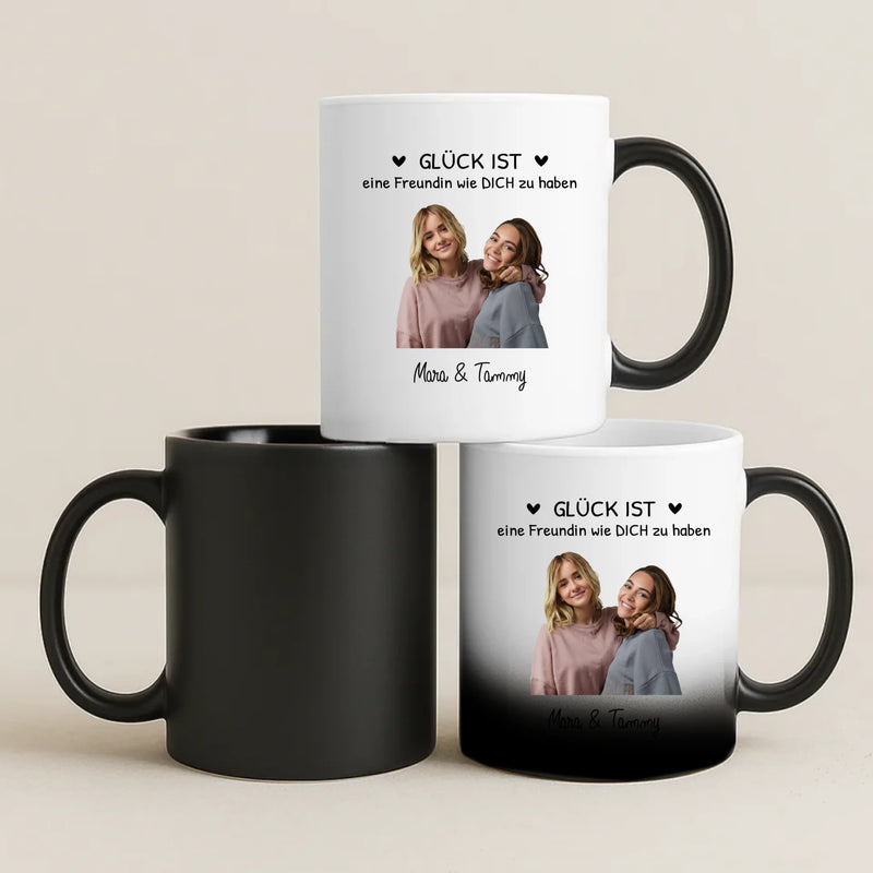 Weiße Fototasse individuell gestalten für Freundinnen Geschenk mit Love & Faith