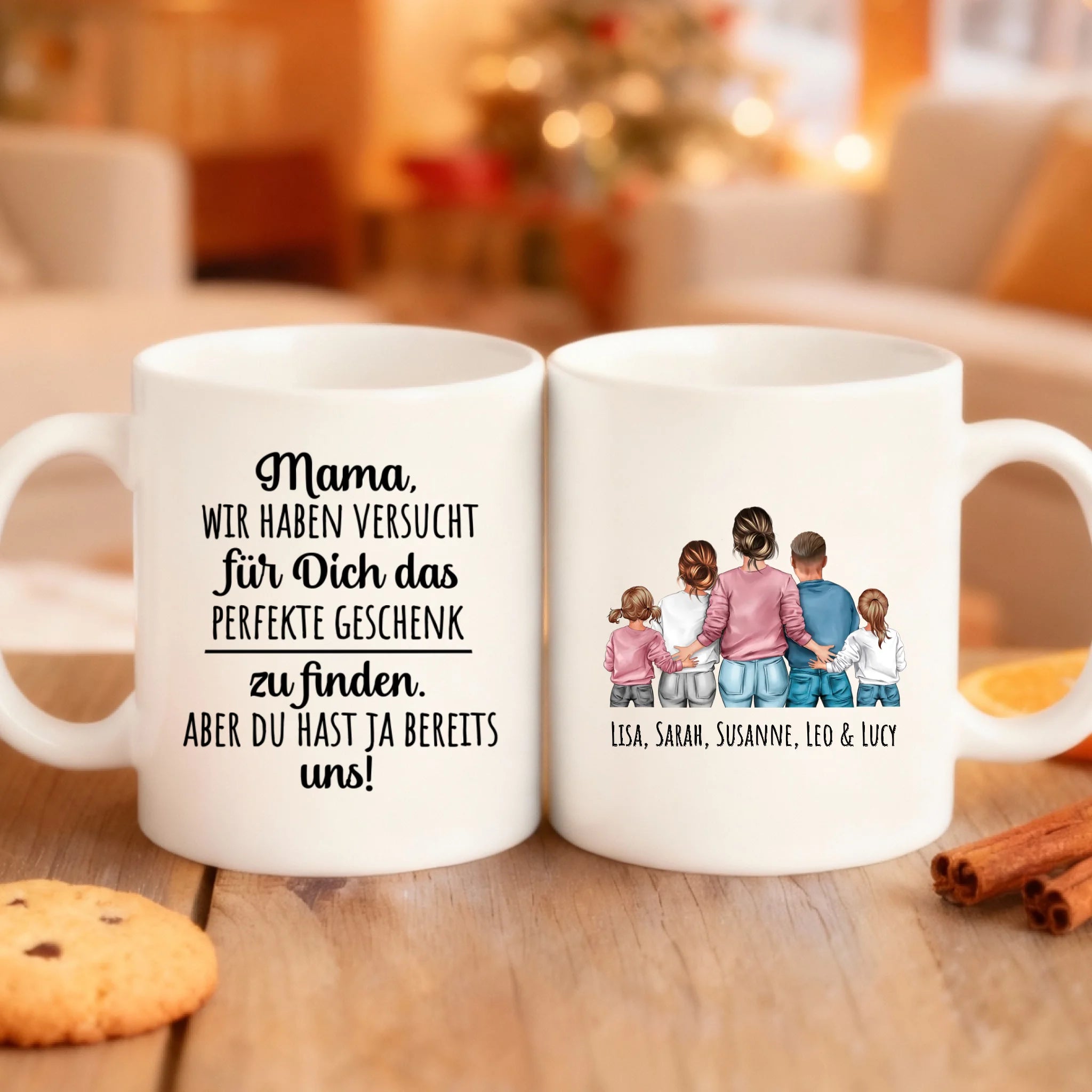 Weiße Tasse mit personalisiertem weihnachtlichem Spruch und Namen – individuelle Geschenkidee von Love & Faith