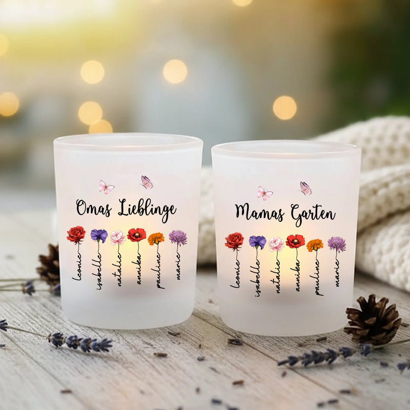 2er Set Personalisierter Teelichthalter mit Geburtsblumen personalisiert für Eltern und Großeltern von Love & Faith