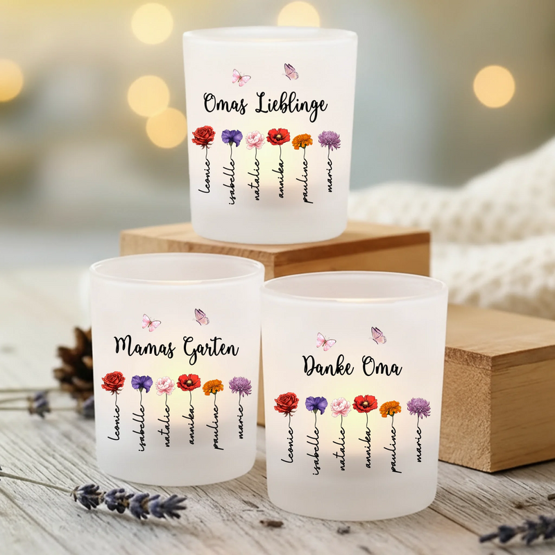 3er Set Personalisierter Teelichthalter mit Geburtsblumen personalisiert für Eltern und Großeltern von Love & Faith