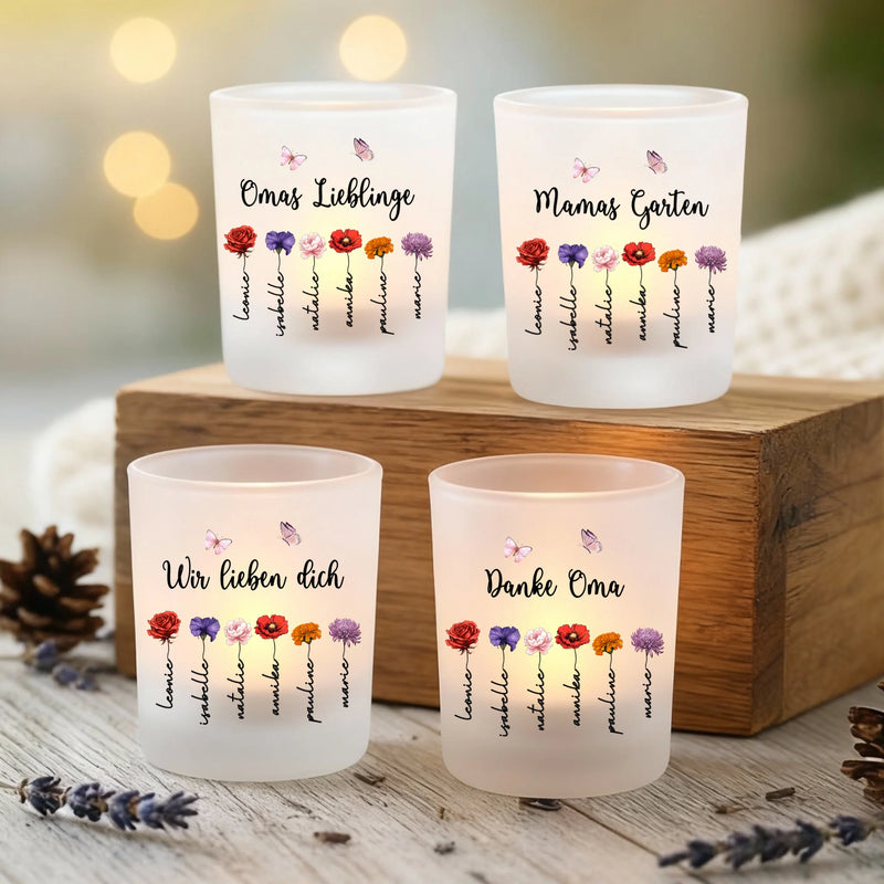 4er Set Personalisierter Teelichthalter mit Geburtsblumen personalisiert für Eltern und Großeltern von Love & Faith