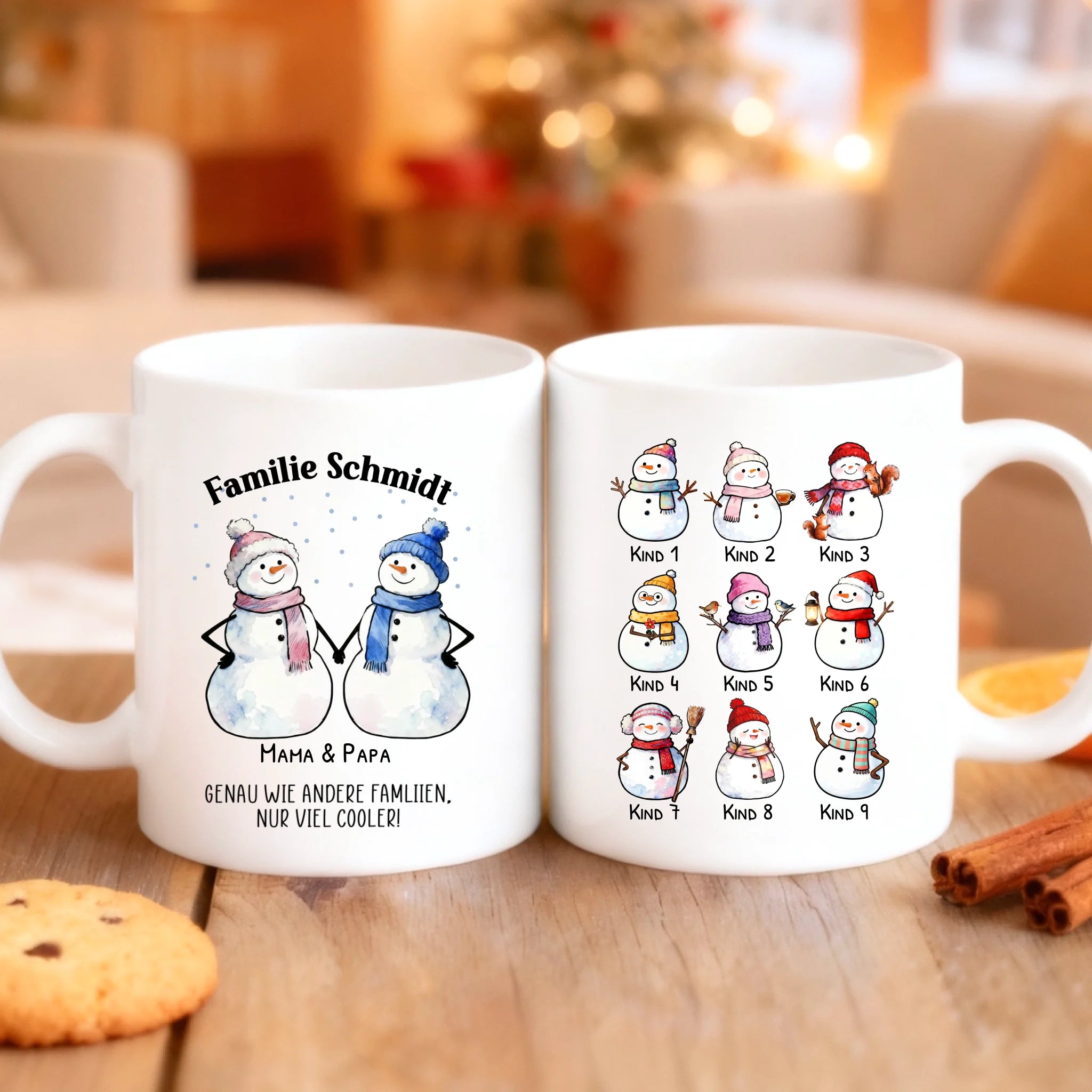 Personalisierte Schneemanntasse mit bis zu 10 Personen individuell gestalten mit Love & Faith