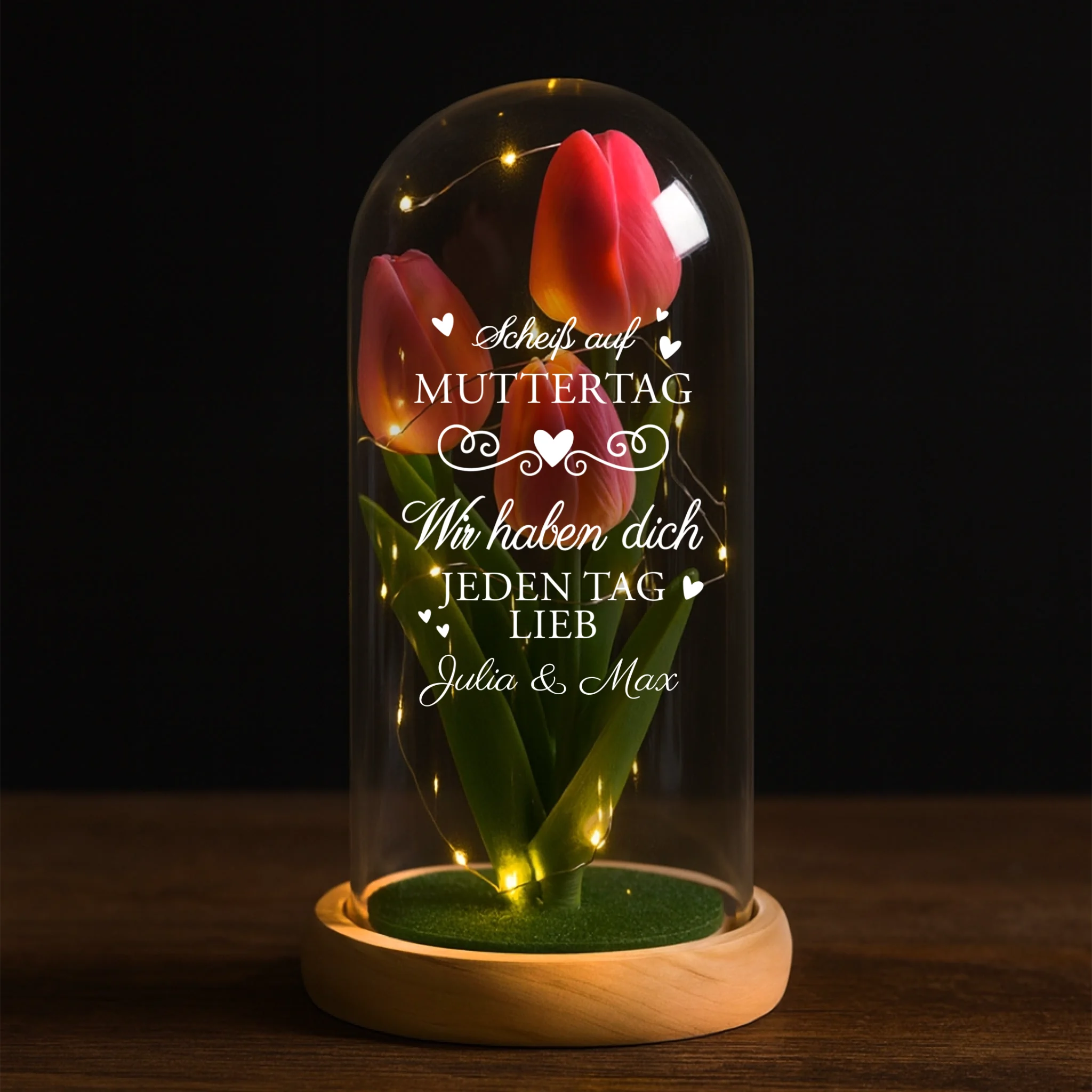 Personalisierte Ewige Tulpe in der Glaskuppel mit LED Licht personalisiert mit Namen zum Muttertag von Love & Faith