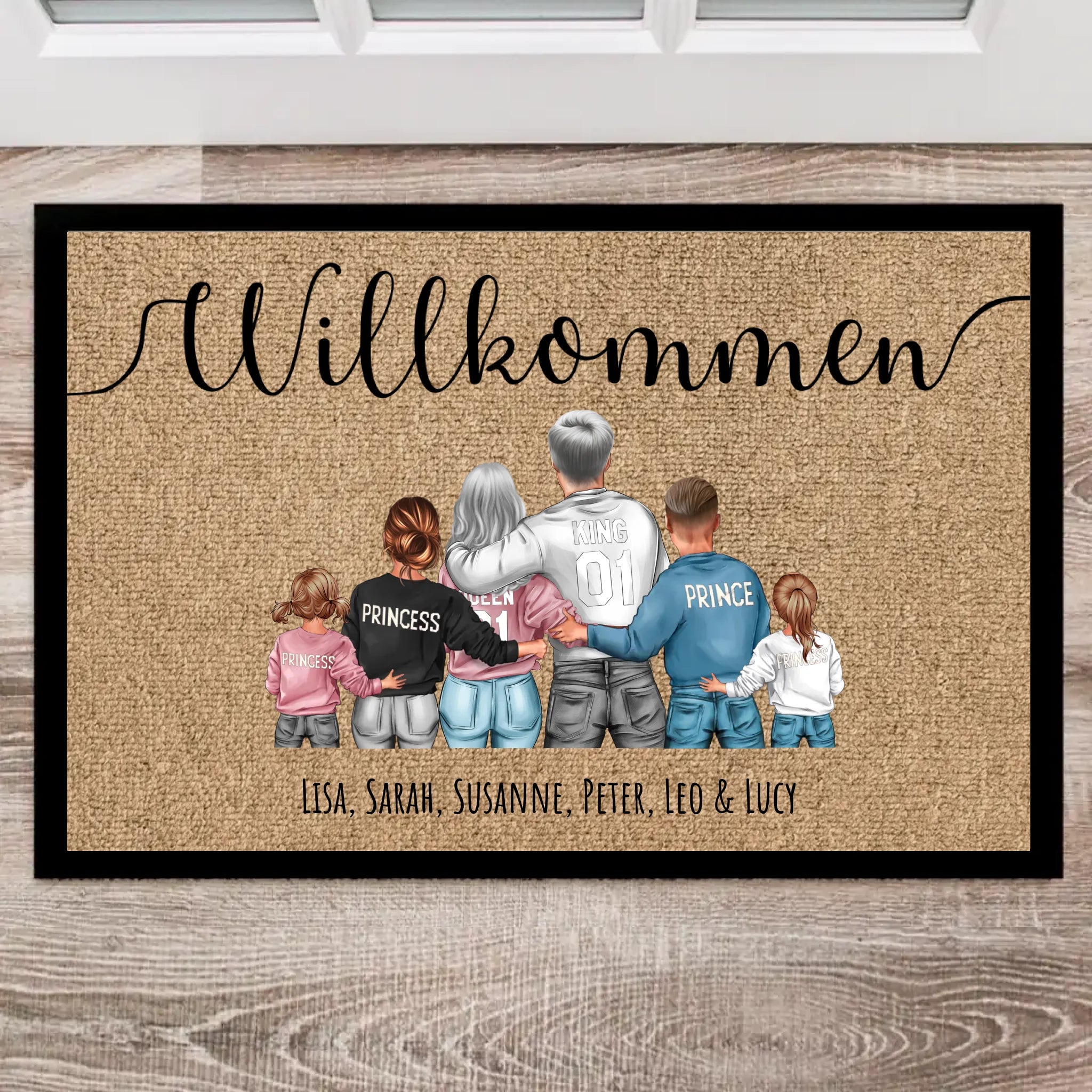 Willkommen Fussmatte 60x40cm mit Familienillustration personalisiert von Love & Faith