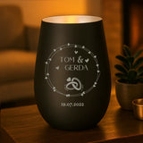 schwarz silber Windlicht mit Namen und Jahrestag personalisiert von Love & Faith