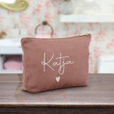 Personalisierte Samt rosequartz silber Kosmetiktasche für MakeUp und Kosmetika mit Namen von Love & Faith