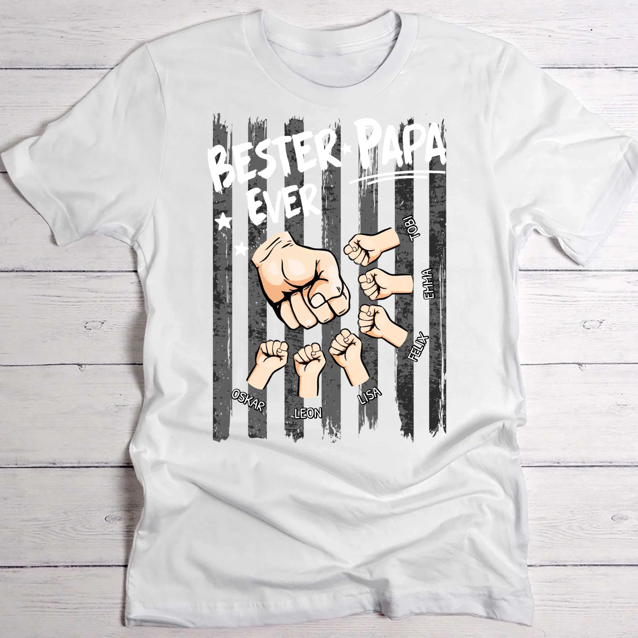 Weißes T-Shirt zum Vatertag mit "Bester Papa Ever" Spruch und Kindernamen mit Fistbump personalisiert von Love & Faith