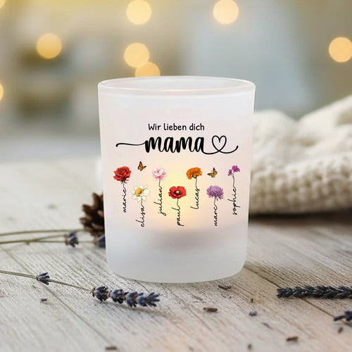 Personalisierter Teelichthalter mit Geburtsblumen personalisiert für Eltern und Großeltern von Love & Faith