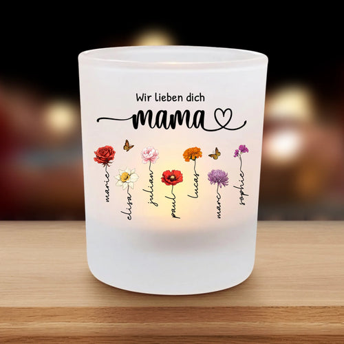 Personalisierter Teelichthalter mit Geburtsblumen personalisiert für Eltern und Großeltern von Love & Faith