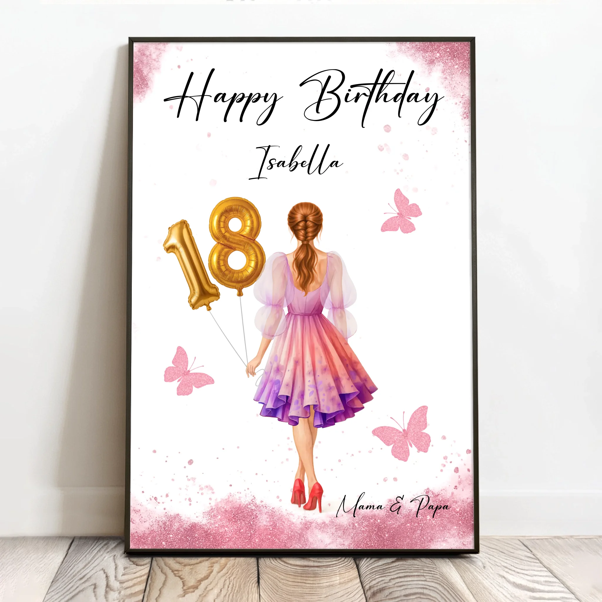 Personalisiertes Poster zum Geburtstag für Frauen mit Ballonzahl Happy Birthday