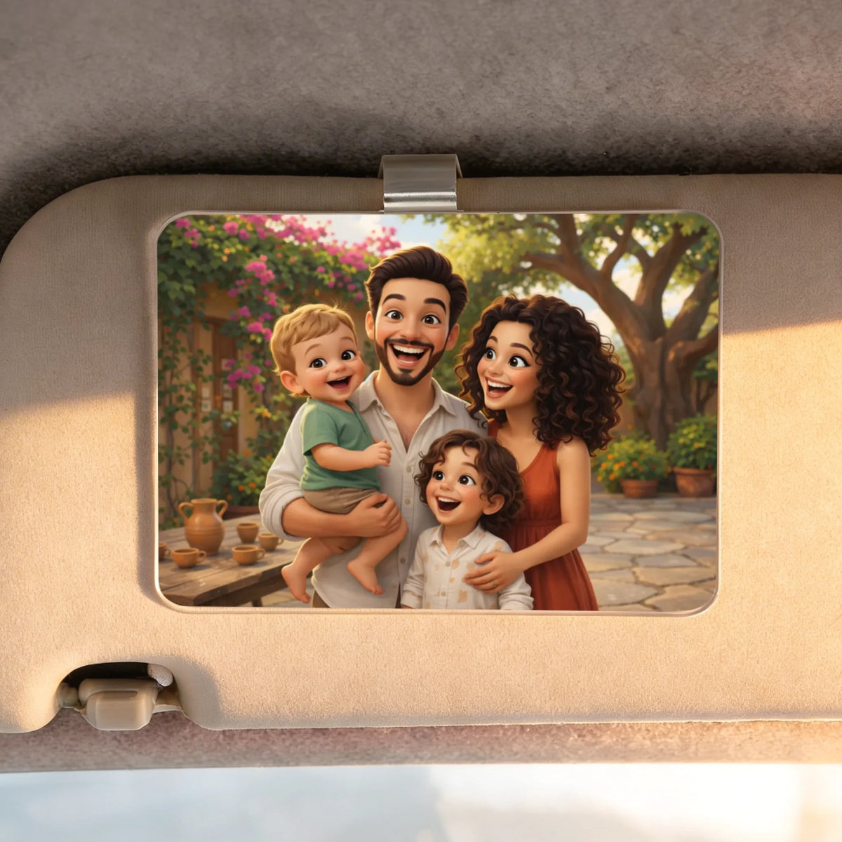 Personalisierter Clip für die Auto Sonnenblende für Papa mit Cartoon-Effekt Cartoon Love Family – Motiv 3