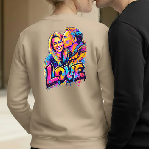 Personalisierter Sweater mit Graffiti-Effekt als Backprint für Paare Streetart Love – Motiv 2