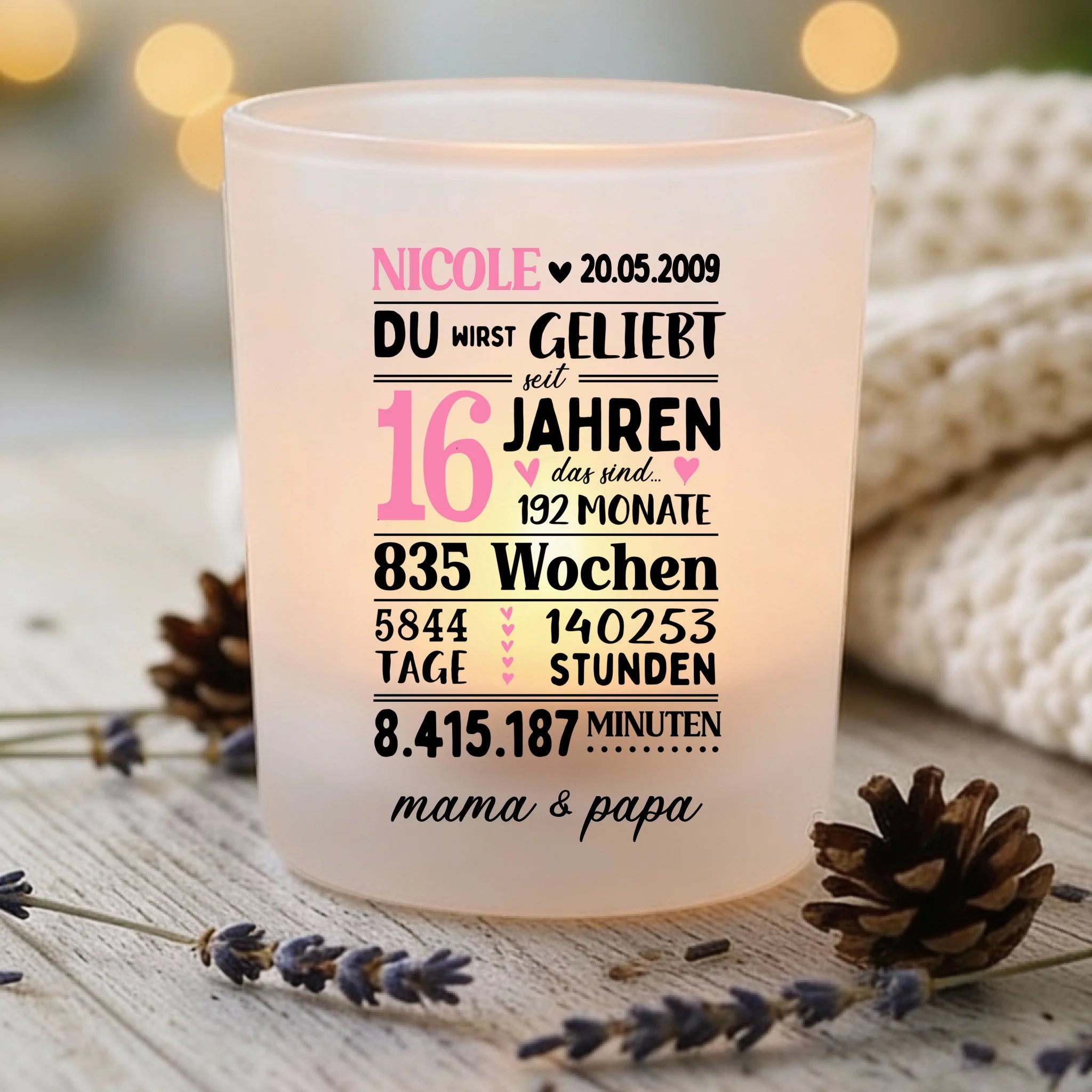 Du wirst geliebt - Personalisierter Teelichthalter zum Geburtstag