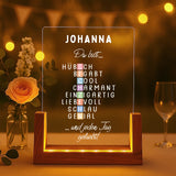 Leuchtender LED Aufsteller zum Valentinstag mit Holzsockel mit eigenen Namen und Daten personalisieren mit Love & Faith