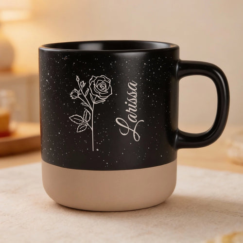Personalisierte Tasse Steingut schwarz meliert als Geschenk für Partner graviert von Love & Faith