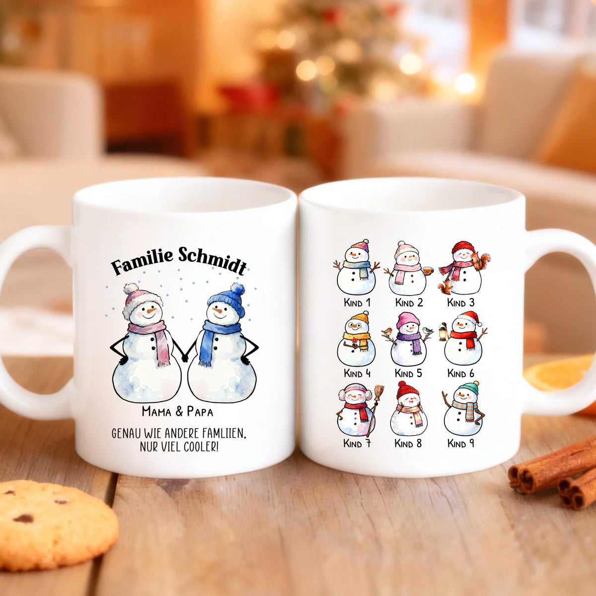 Personalisierte Schneemanntasse mit bis zu 10 Personen individuell gestalten mit Love & Faith