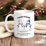 Personalisierte Schneemanntasse mit bis zu 10 Personen individuell gestalten mit Love & Faith
