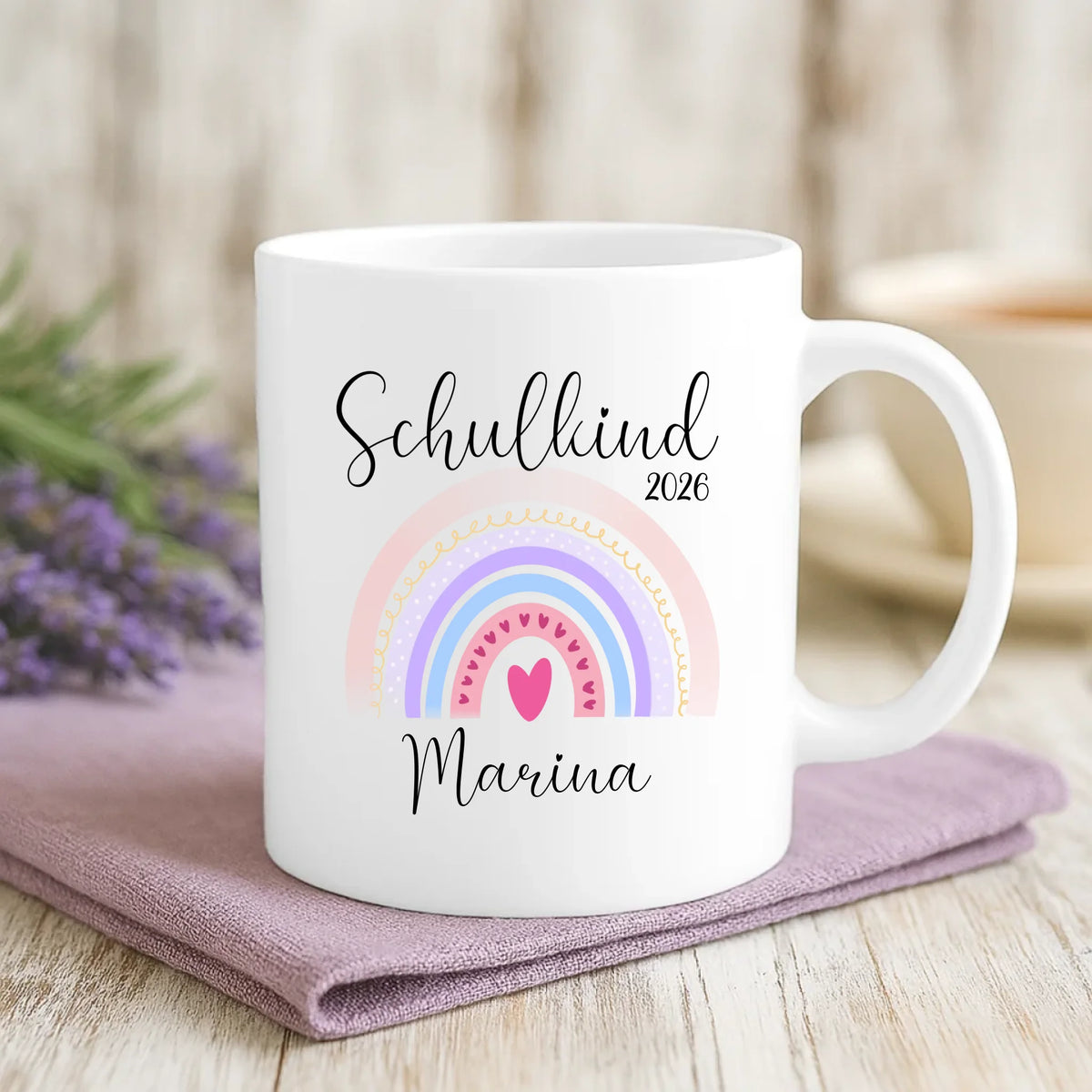 Personalisierte Tasse mit Druck zur Einschulung Regenbogen