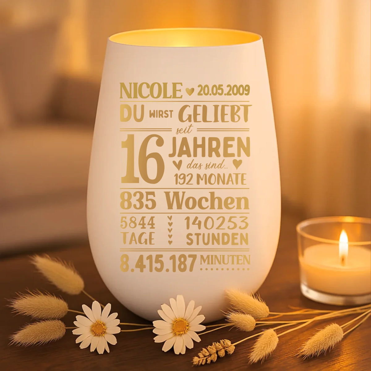 Personalisiertes Windlicht mit Gravur zum Geburtstag Du wirst geliebt seit – Motiv 3