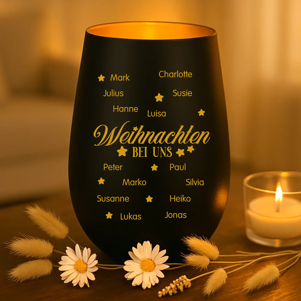 Personalisiertes Windlicht mit Gravur für die Familie – Weihnachten bei uns