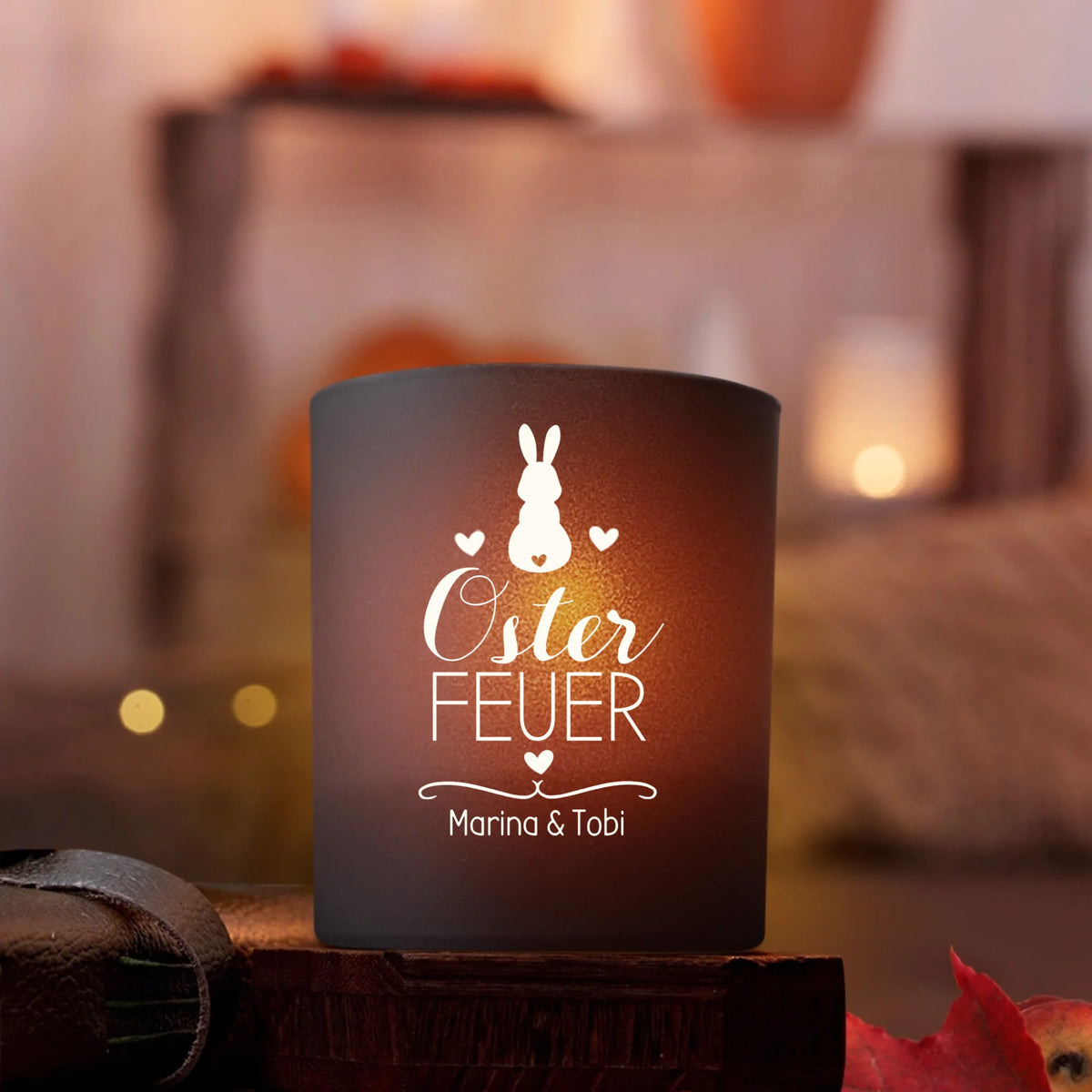 Personalisiertes Premium Teelicht Osterfeuer mit Gravur für Paare – Motiv 2