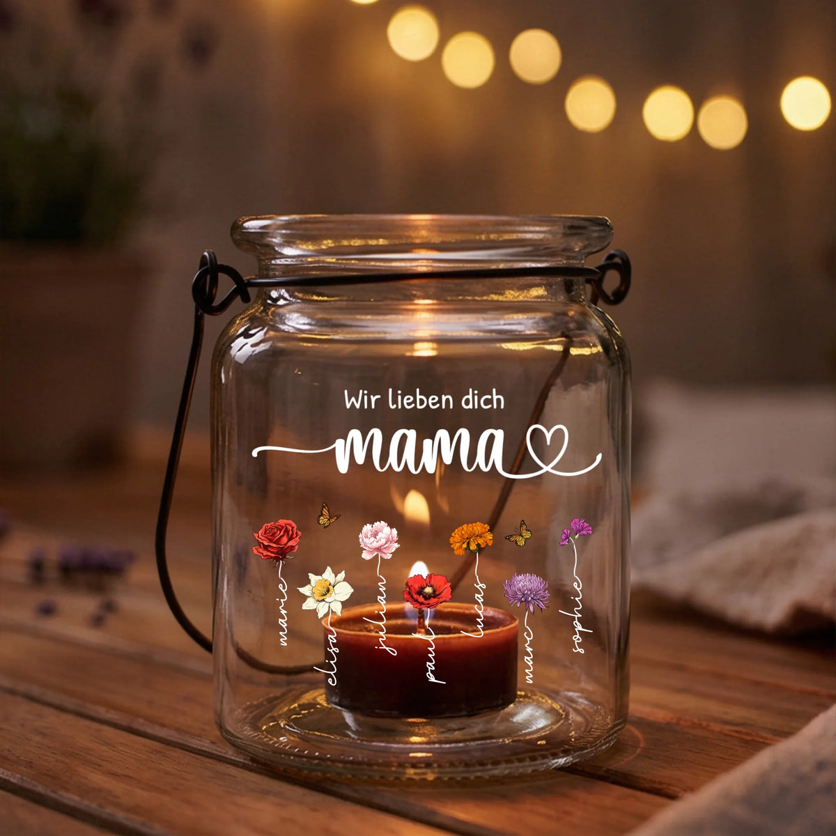 Personalisierte Gartenlaterne mit Kindernamen und Blumen für Mama – Mamas Garten