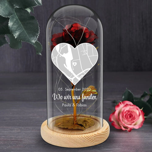Personalisierte Goldene Rose mit Druck, Karte und Koordinaten für Paare – Wo wir uns fanden