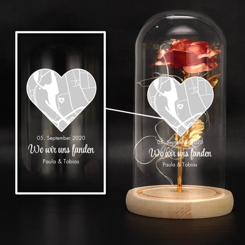 Personalisierte Goldene Rose mit Druck, Karte und Koordinaten für Paare – Wo wir uns fanden – Motiv 2