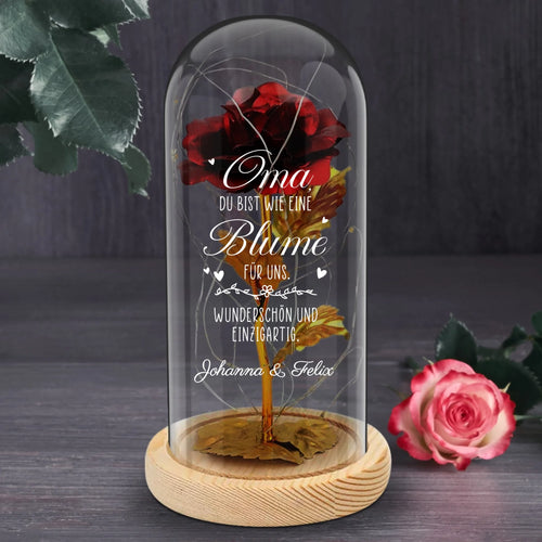 Personalisierte ewige Rose mit Druck in Glaskuppel mit LED-Licht für Oma