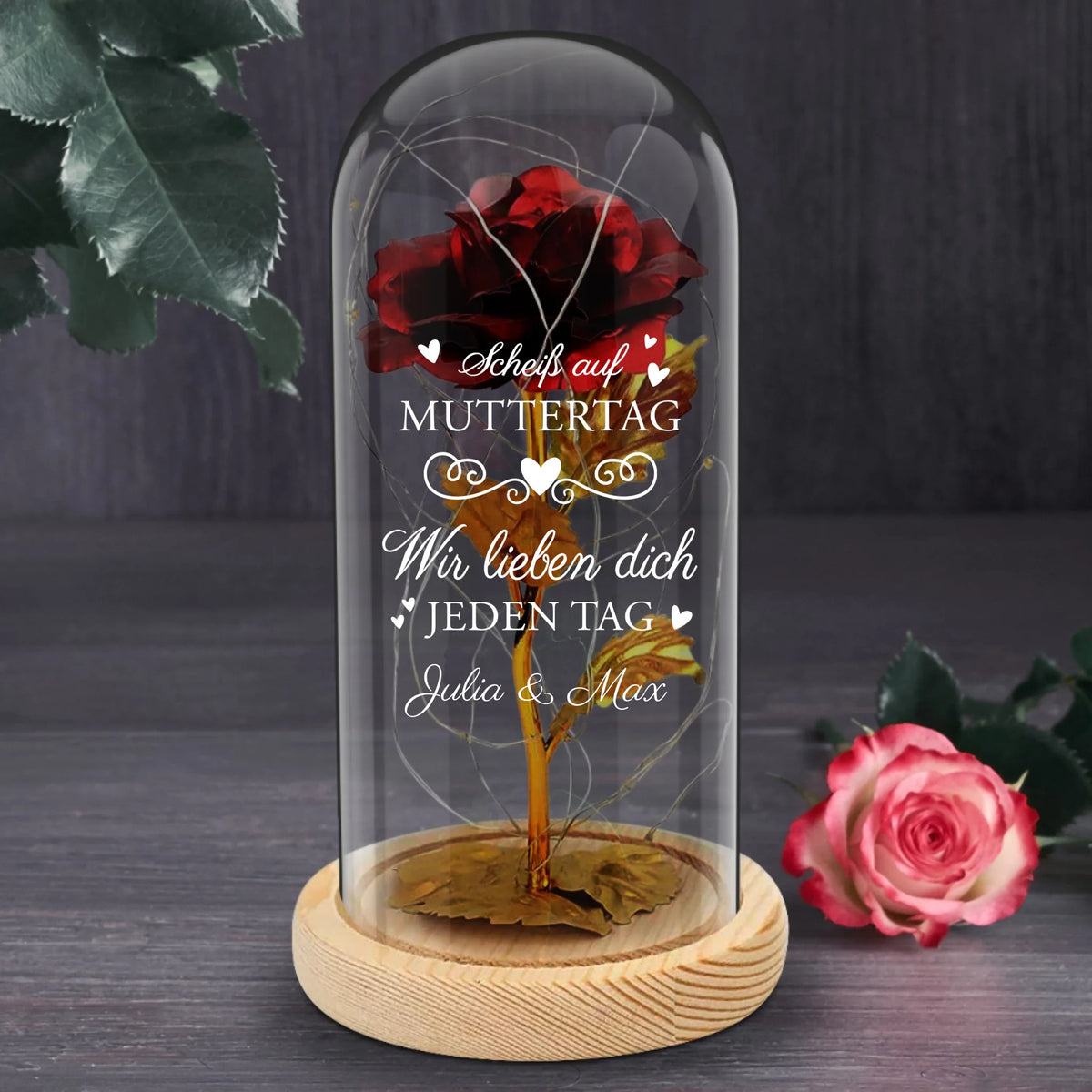 Personalisierte Ewige Rose im Glas "Scheiß auf Muttertag" als Muttertagsgeschenk gefertigt von Love & Faith