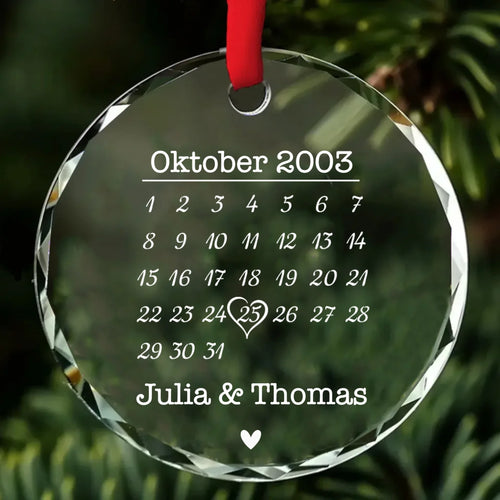 Personalisiertes Kristallornament in Herzform mit Druck zum Jahrestag – Unser Tag – Motiv 2